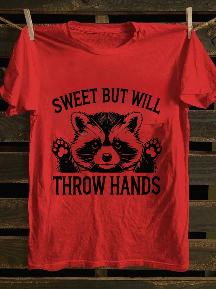 Retro “Sweet But Will Throw Hands” Raccoon Graphic T - Shirt