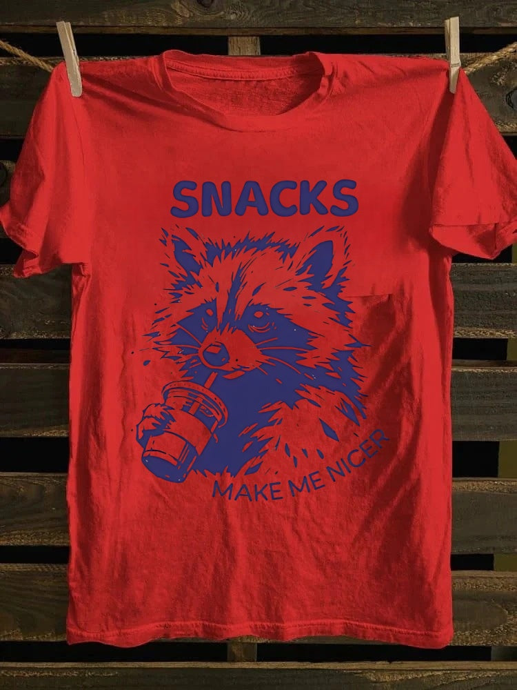 Retro punk rock band graphic T-shirt with humorous raccoon and "Snack Makes Me Good" print