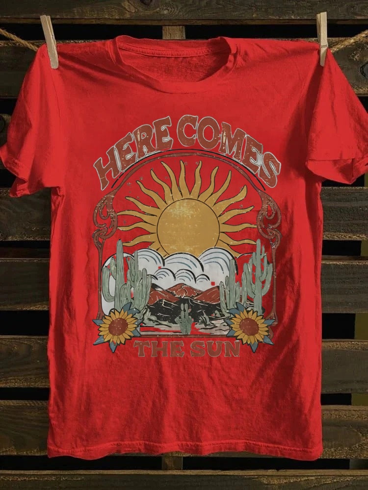 Retro Graphic Tee: 'Here Comes The Sun' & Desert Sunflower Print