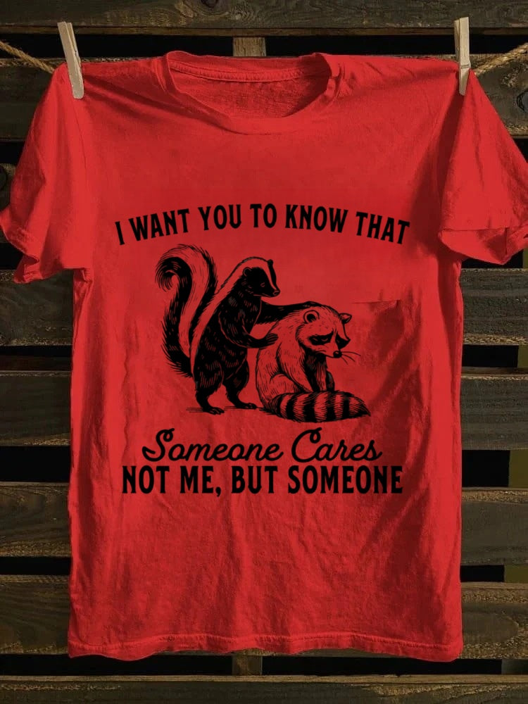 Retro Humorous Skunk & Raccoon "SomeoneCares" Printed Tshirt