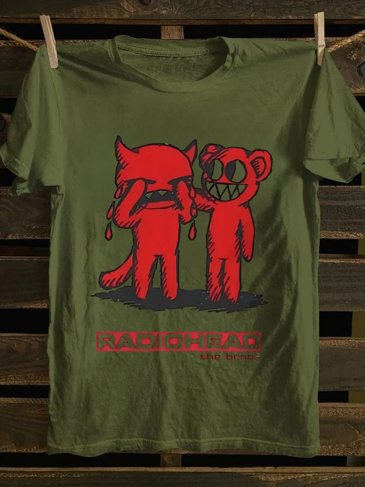 Radiohead The Bends graphic T-shirt, designed by a retro punk rock band, featuring cartoon characters