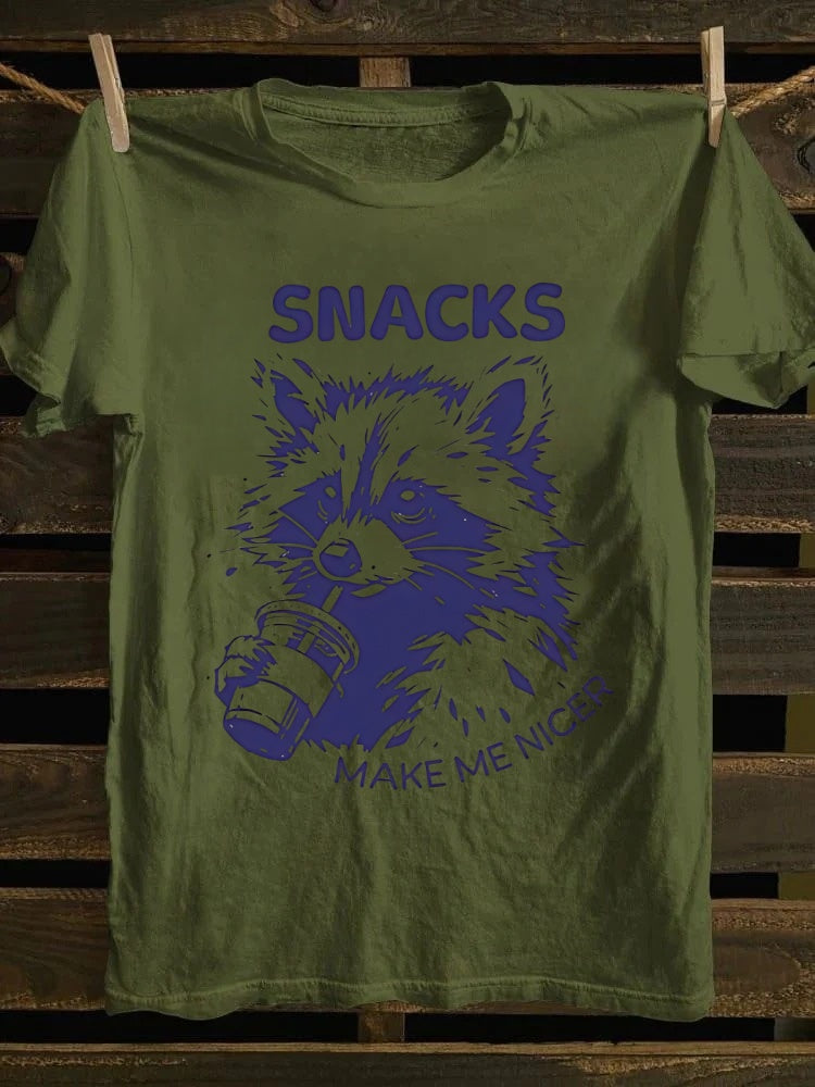 Retro punk rock band graphic T-shirt with humorous raccoon and "Snack Makes Me Good" print
