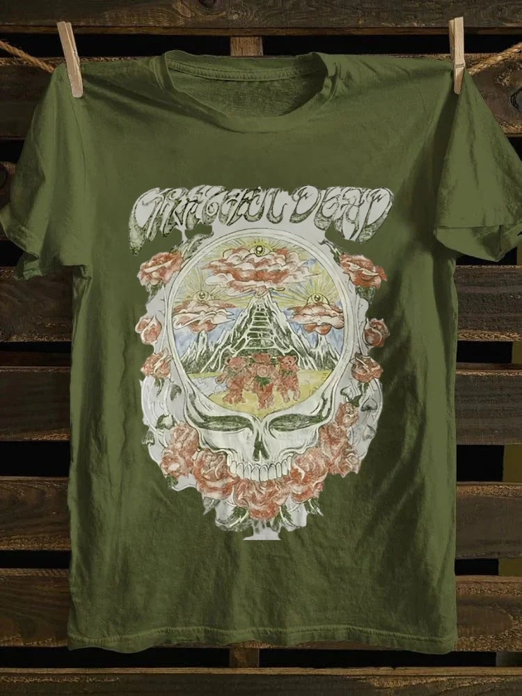 Retro Graphic T-shirt: Grateful Dead Skull, Roses & Bears