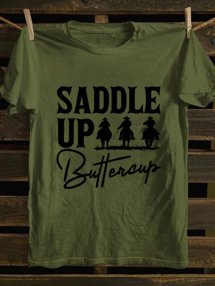 Ladies Western Denim Printed T-shirt - SADDLE UP Buttercup