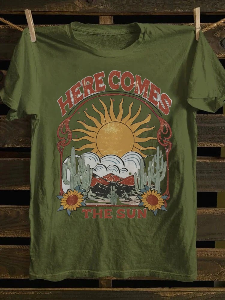 Retro Graphic Tee: 'Here Comes The Sun' & Desert Sunflower Print