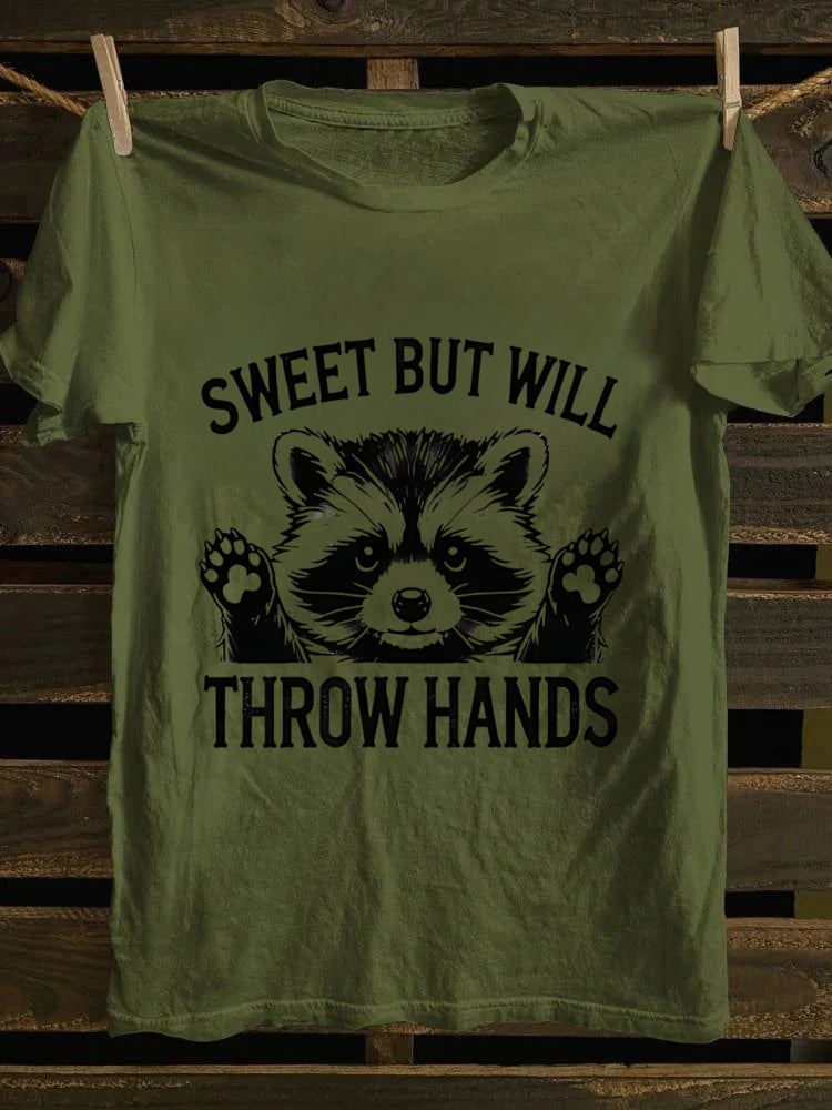 Retro “Sweet But Will Throw Hands” Raccoon Graphic T - Shirt