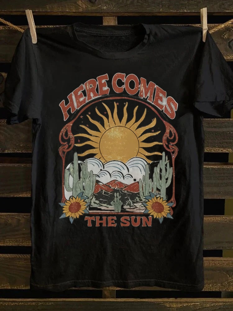 Retro Graphic Tee: 'Here Comes The Sun' & Desert Sunflower Print