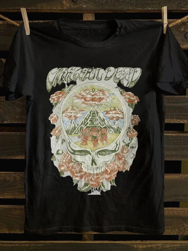 Retro Graphic T-shirt: Grateful Dead Skull, Roses & Bears