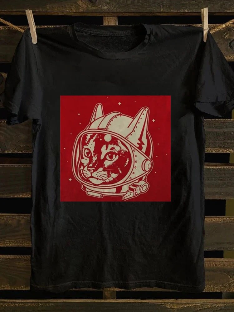 Retro school punk rock band printed design pattern T-shirt cat