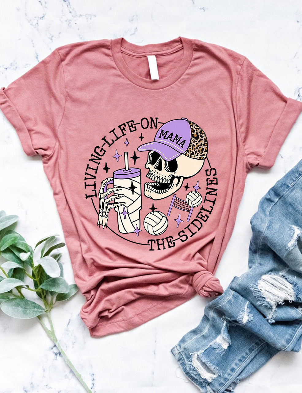 Living Life on the Bleachers Mama Skull Volleyball Mom T-shirt