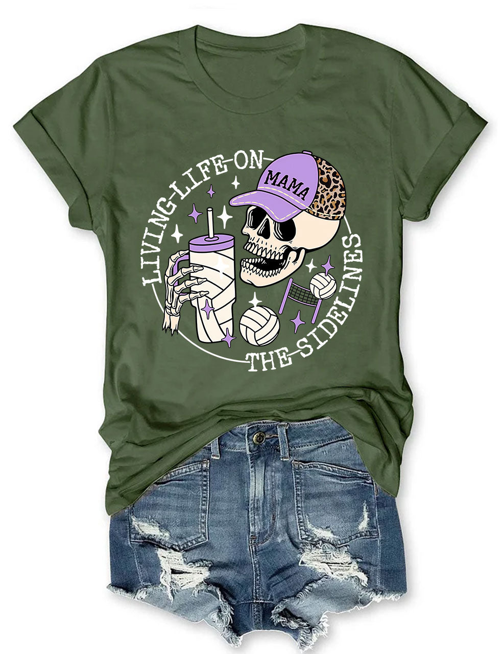 Living Life on the Bleachers Mama Skull Volleyball Mom T-shirt