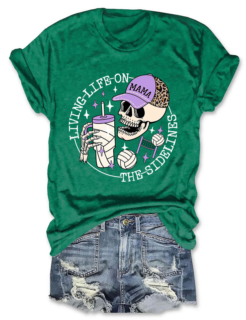 Living Life on the Bleachers Mama Skull Volleyball Mom T-shirt