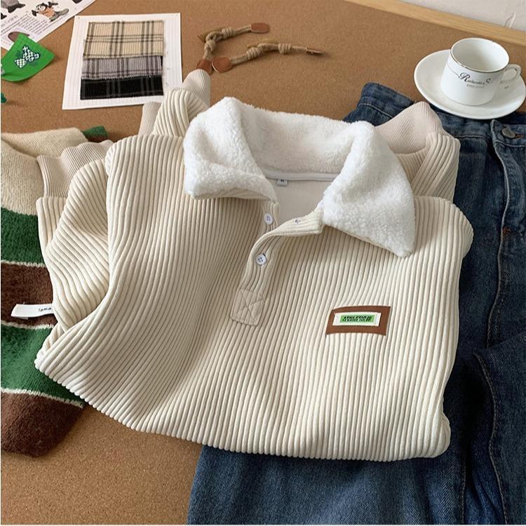 Corduroy Polo Collar Sweatshirt with Fleece Lining