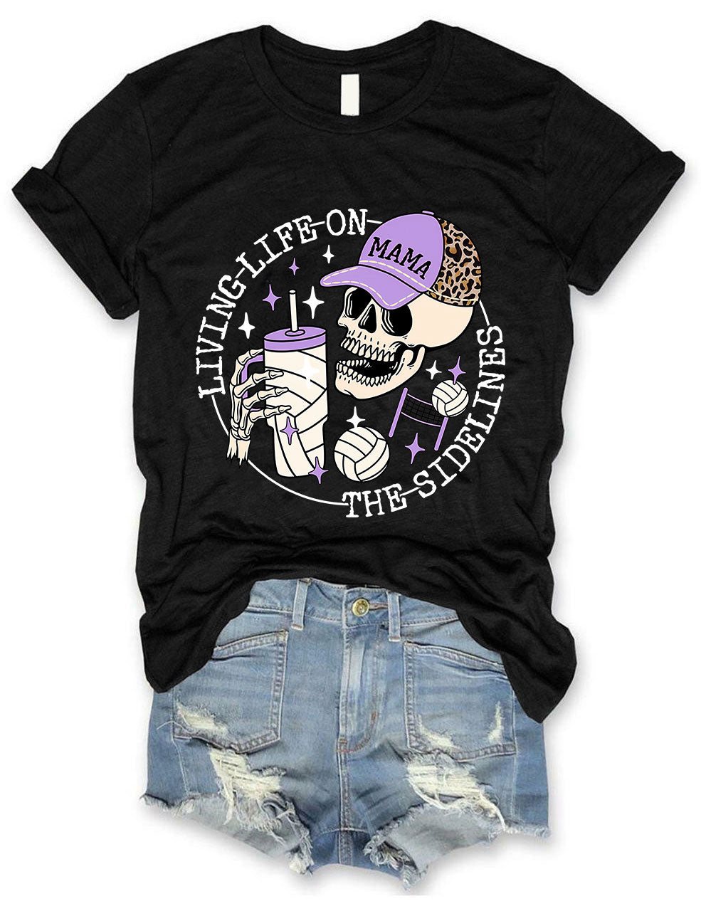 Living Life on the Bleachers Mama Skull Volleyball Mom T-shirt