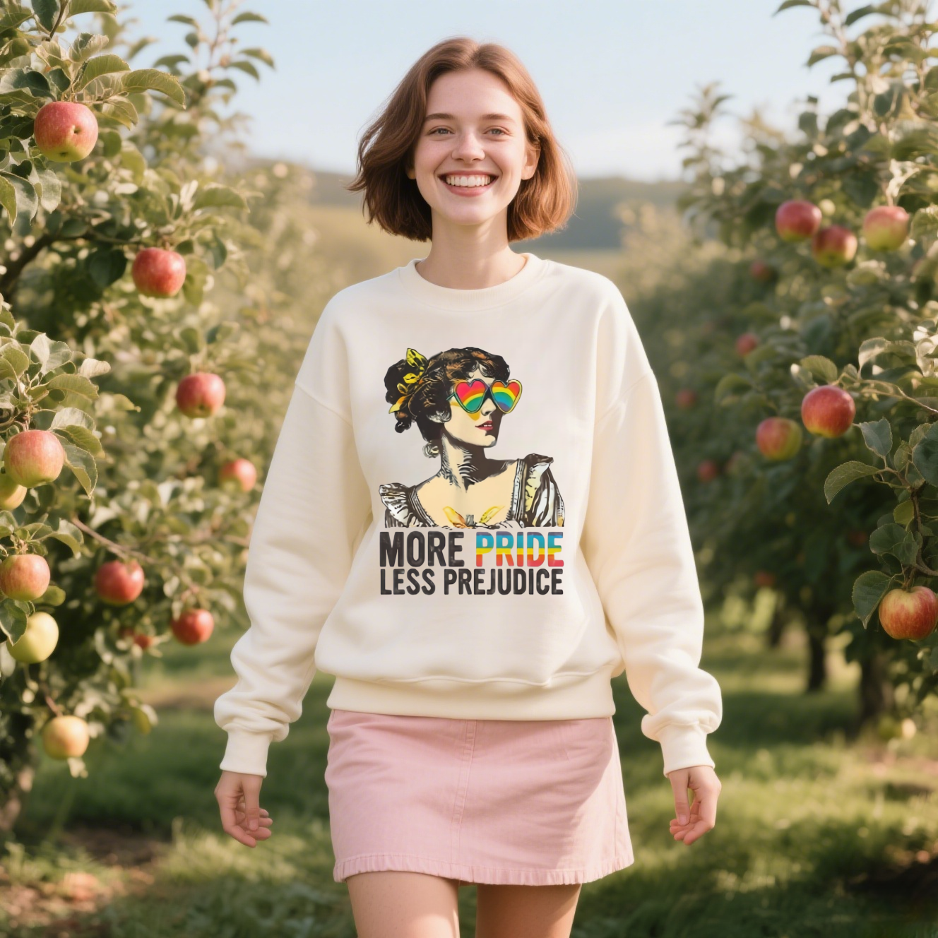 "MORE PRIDE LESS PREJUDICE" Retro Rainbow Heart Sunglasses Print Sweatshirt