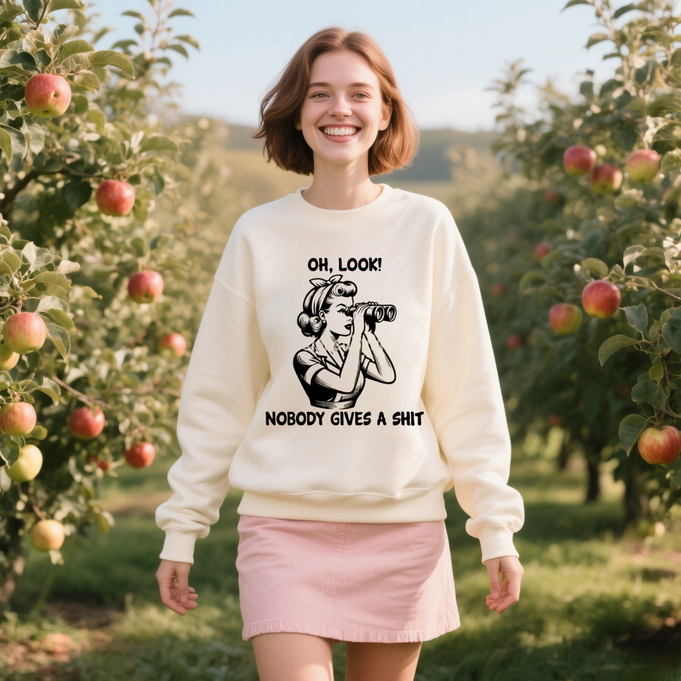 Retro cartoon girl telescope pattern "OH, LOOK!" "NOBODY GIVES A SHIT" fun sweatshirt