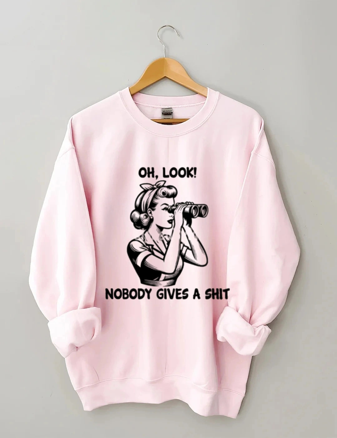 Retro cartoon girl telescope pattern "OH, LOOK!" "NOBODY GIVES A SHIT" fun sweatshirt