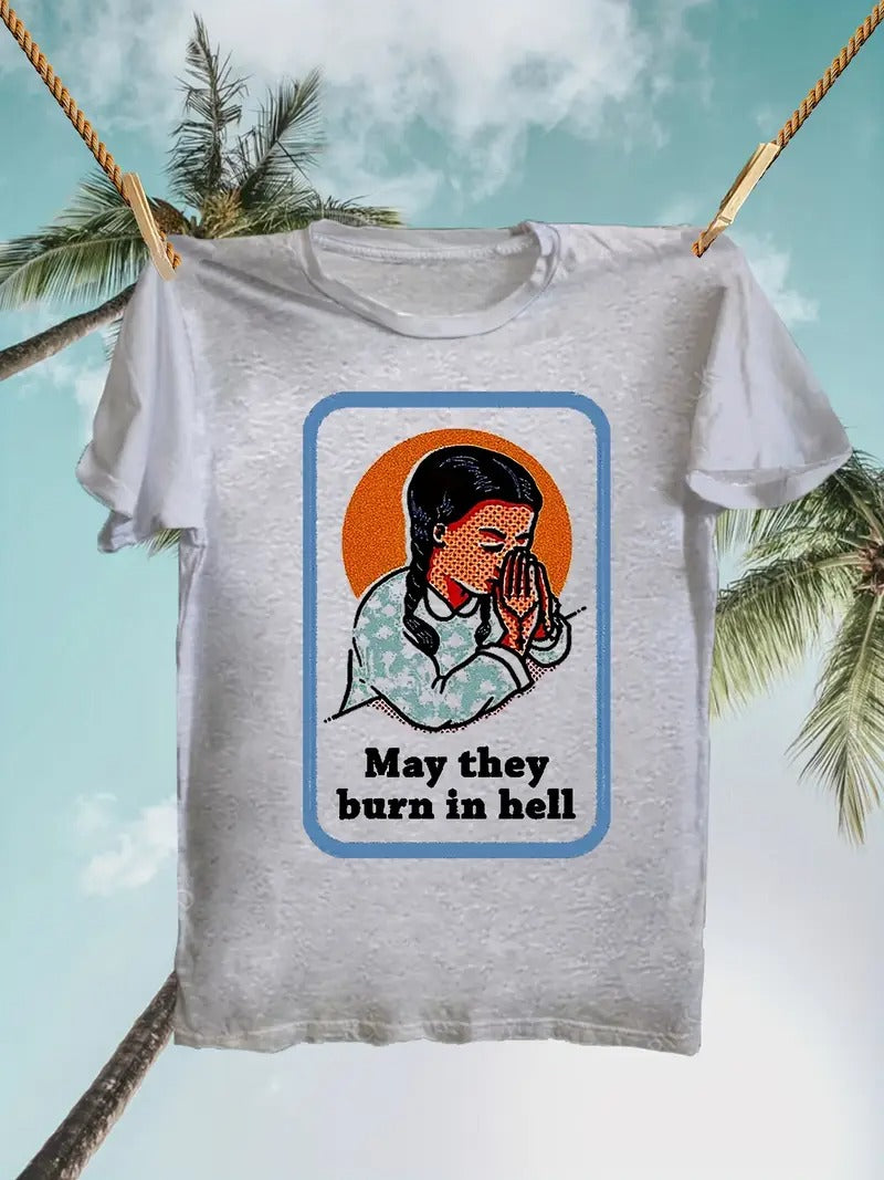 Retro Punk Style Easter Pattern T-shirt - Funny Jesus Angel and "May They Burn in Hell" Design