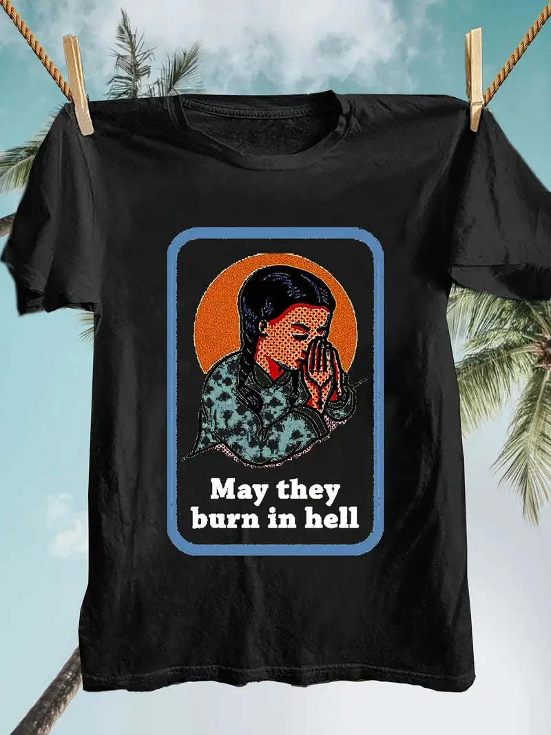 Retro Punk Style Easter Pattern T-shirt - Funny Jesus Angel and "May They Burn in Hell" Design