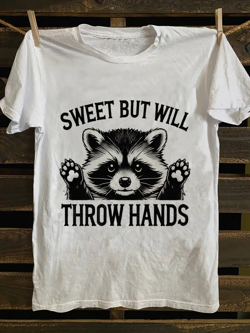 Retro “Sweet But Will Throw Hands” Raccoon Graphic T - Shirt