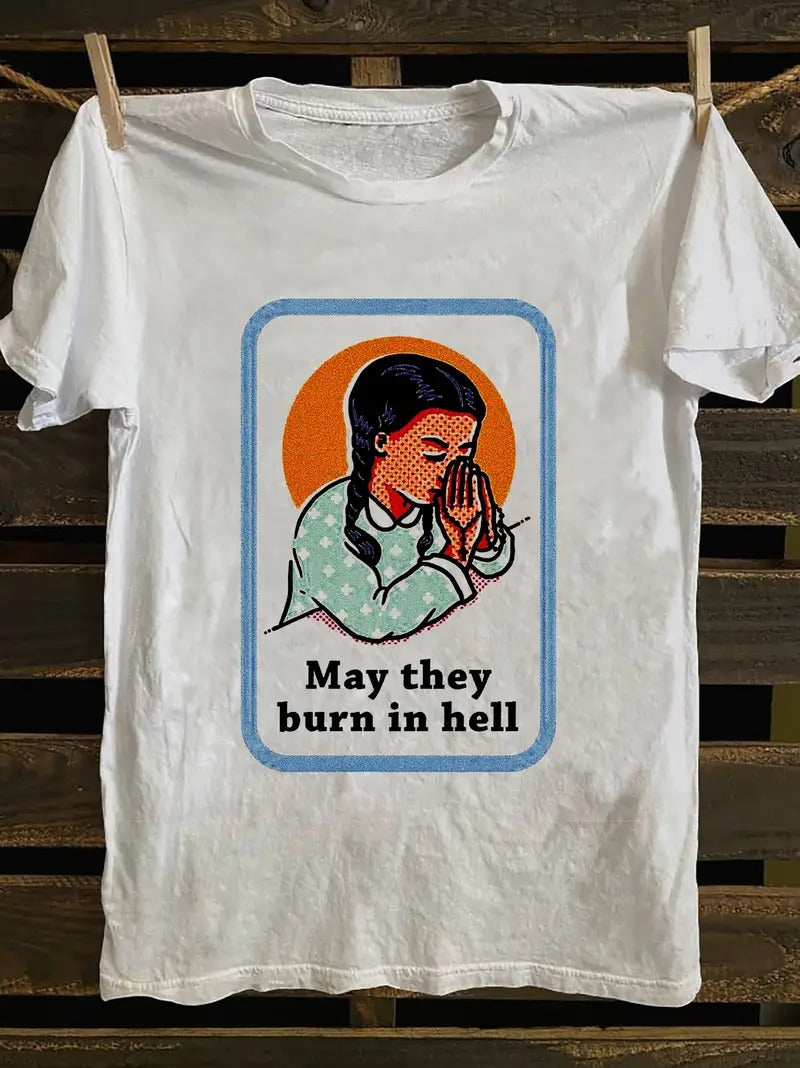 Retro Punk Style Easter Pattern T-shirt - Funny Jesus Angel and "May They Burn in Hell" Design