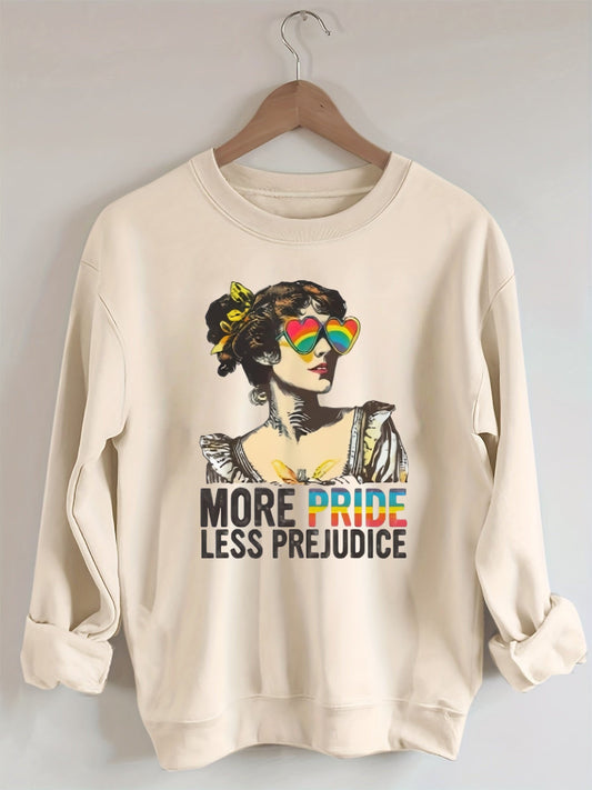 "MORE PRIDE LESS PREJUDICE" Retro Rainbow Heart Sunglasses Print Sweatshirt
