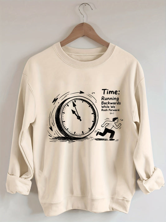 Time Running Backwards" Clock Graphic Crewneck Sweatshirt