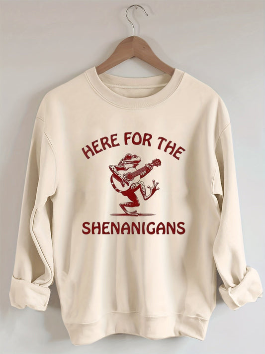 Retro Frog Playing Guitar Print: "HERE FOR THE SHENANIGANS" Sweatshirt