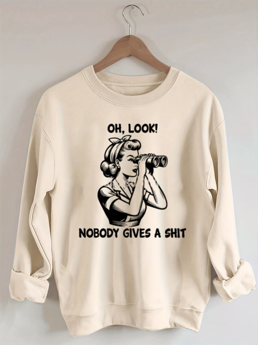 Retro cartoon girl telescope pattern "OH, LOOK!" "NOBODY GIVES A SHIT" fun sweatshirt