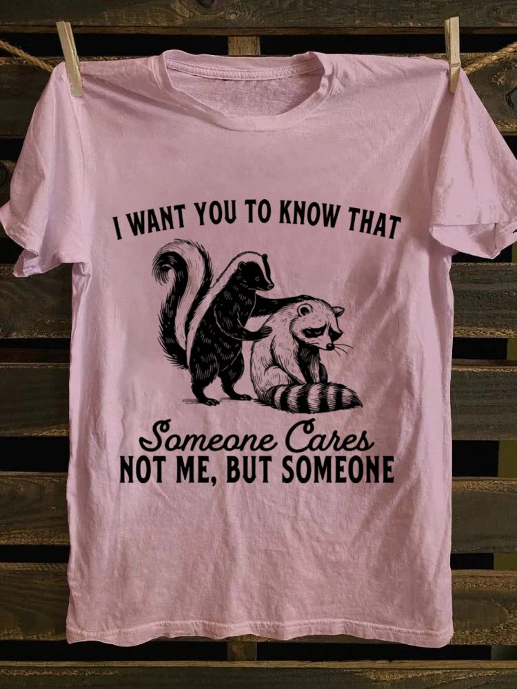 Retro Humorous Skunk & Raccoon "SomeoneCares" Printed Tshirt