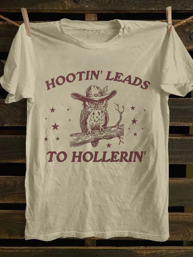 Retro Western "Hootin’ Leads To Hollerin’" Cowboy Owl Graphic T-shirt