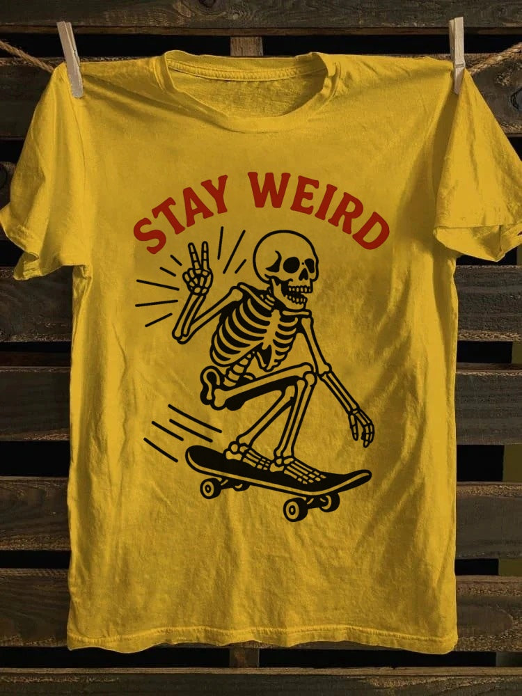 Retro“Stay Weird” Skeleton Skate Tee – Wear Your Weird & Wonderful Style