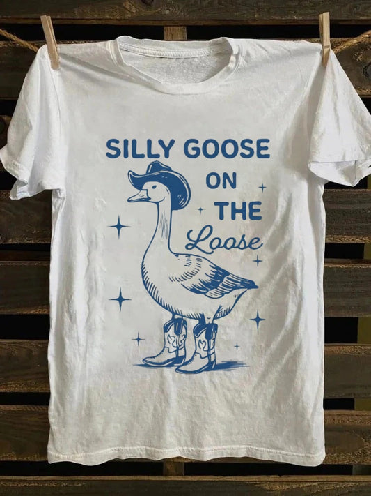 Retro Silly Cowboy Goose On The Loose GraphicT-shirt