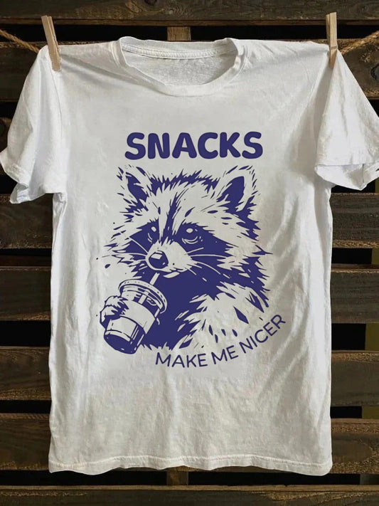 Retro punk rock band graphic T-shirt with humorous raccoon and "Snack Makes Me Good" print