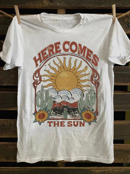 Retro Graphic Tee: 'Here Comes The Sun' & Desert Sunflower Print