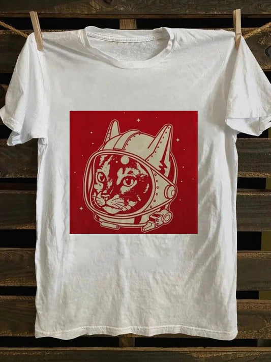 Retro school punk rock band printed design pattern T-shirt cat