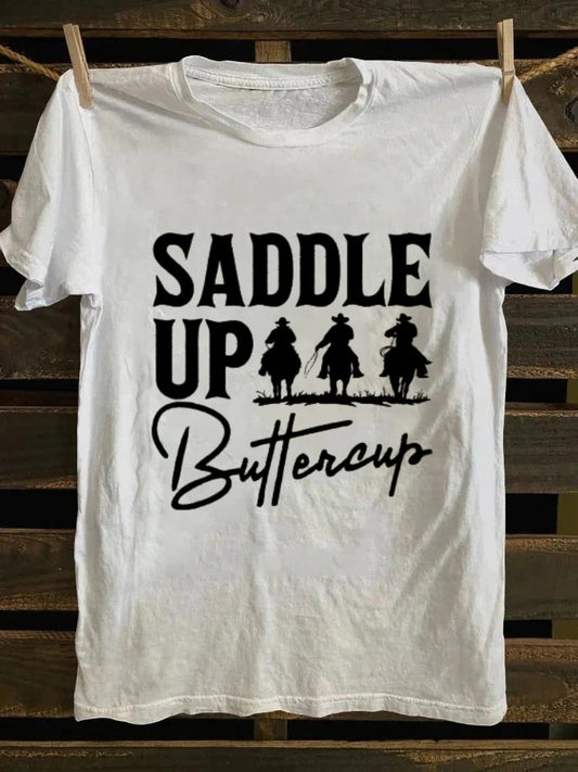 Ladies Western Denim Printed T-shirt - SADDLE UP Buttercup