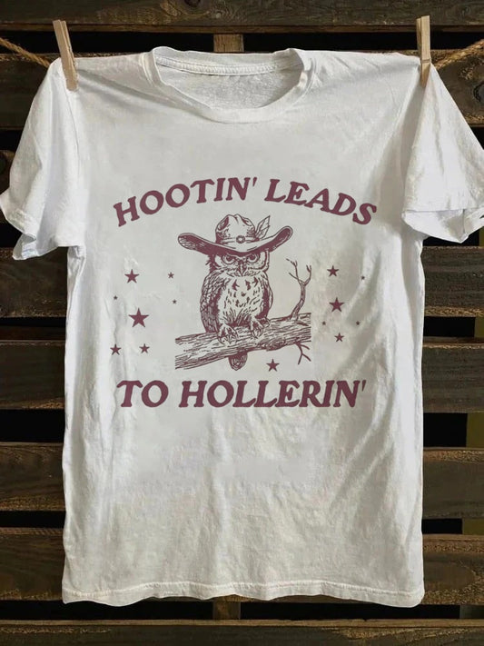 Retro Western "Hootin’ Leads To Hollerin’" Cowboy Owl Graphic T-shirt