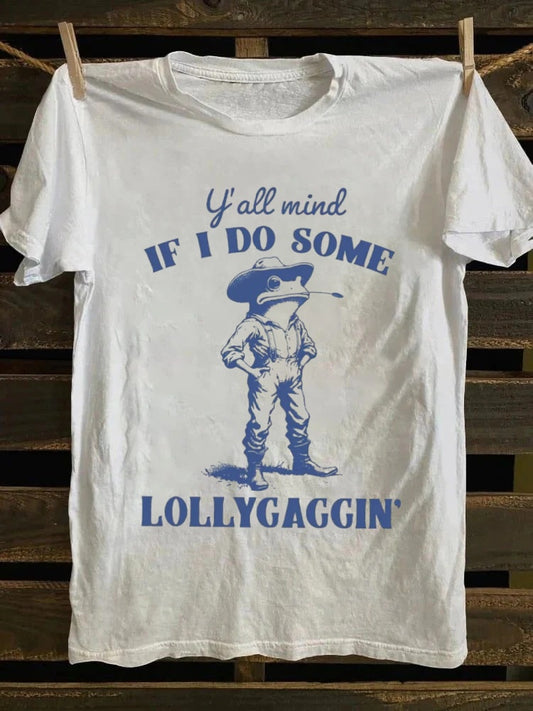 Retro Cowboy Frog "Lollygaggin" Slang HumorPrinted Design T-shirt