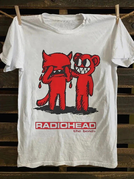 Radiohead The Bends graphic T-shirt, designed by a retro punk rock band, featuring cartoon characters