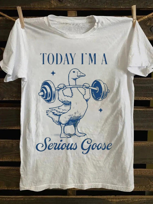 Retro Whimsical Serious Goose WeightliftingGraphic T -shirt