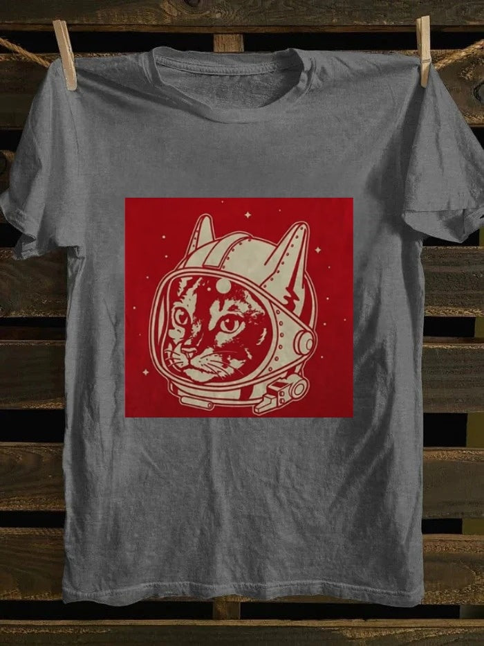 Retro school punk rock band printed design pattern T-shirt cat
