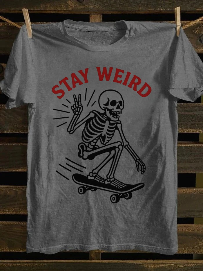 Retro“Stay Weird” Skeleton Skate Tee – Wear Your Weird & Wonderful Style
