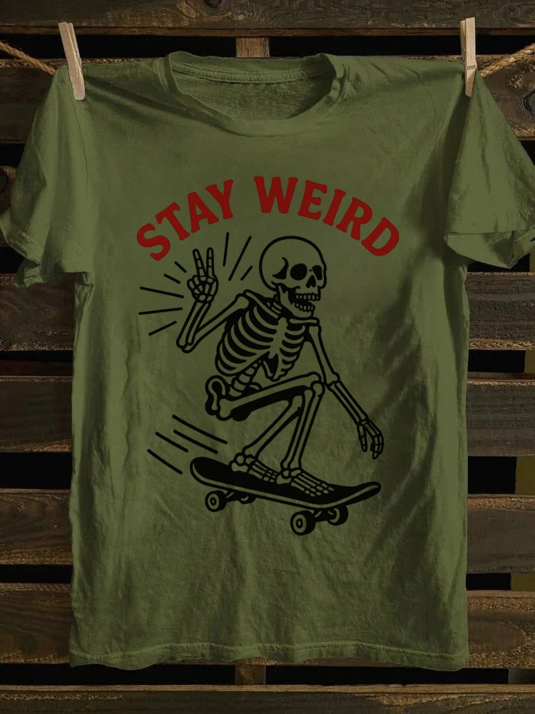 Retro“Stay Weird” Skeleton Skate Tee – Wear Your Weird & Wonderful Style