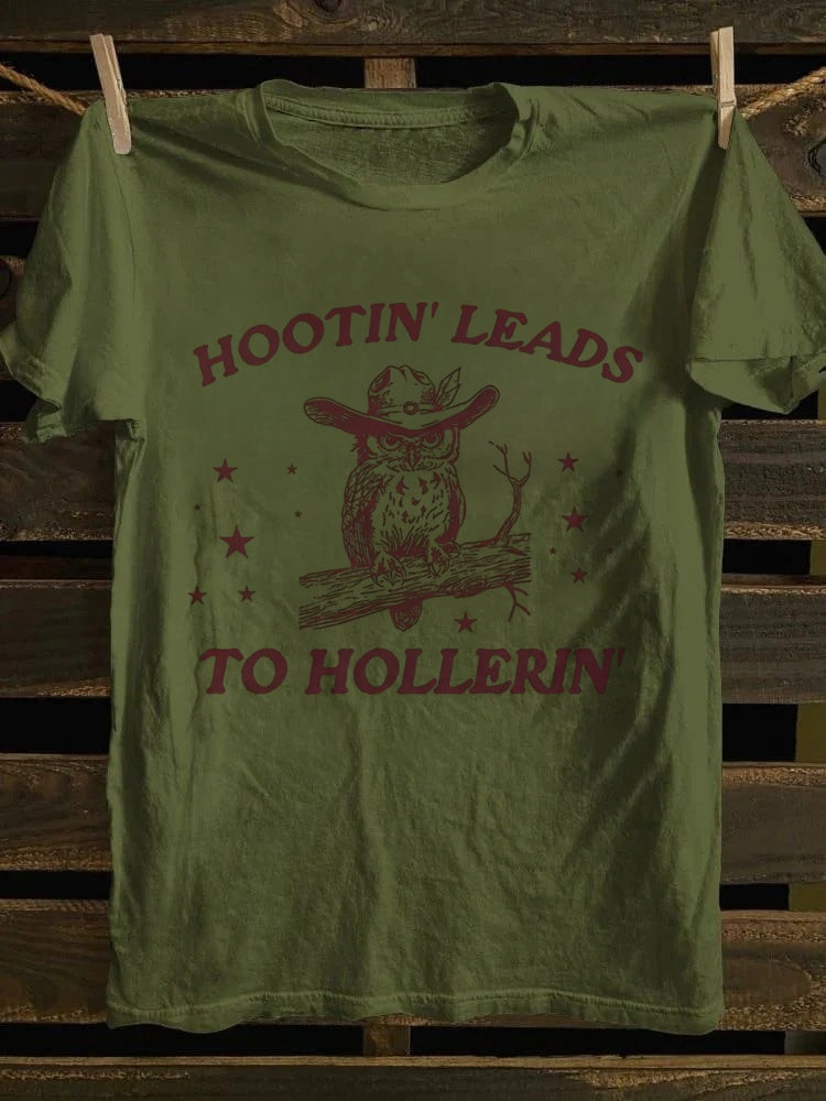 Retro Western "Hootin’ Leads To Hollerin’" Cowboy Owl Graphic T-shirt