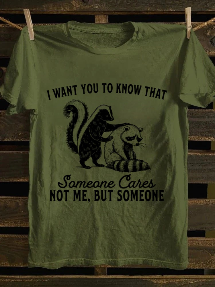Retro Humorous Skunk & Raccoon "SomeoneCares" Printed Tshirt