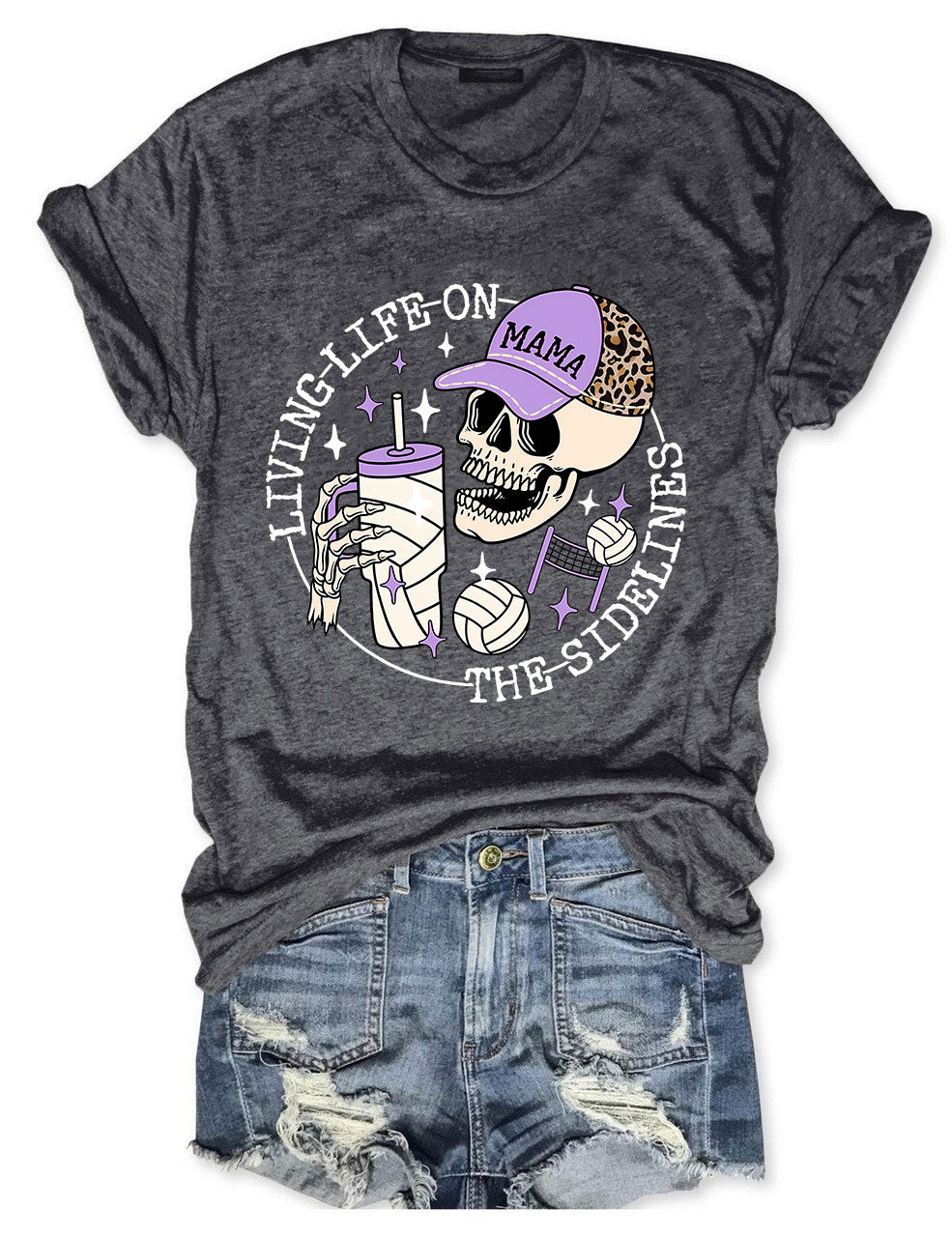 Living Life on the Bleachers Mama Skull Volleyball Mom T-shirt