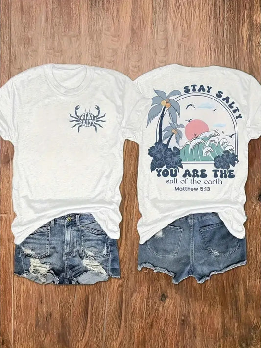 Ladies' casual beach style pattern T-shirt, round neck, short sleeves, elastic, anti-penetrating, machine washable - perfect vacation style, double-sided printed round neck short sleeve T-shirt, casual printed T-shirt, fashionable single piece