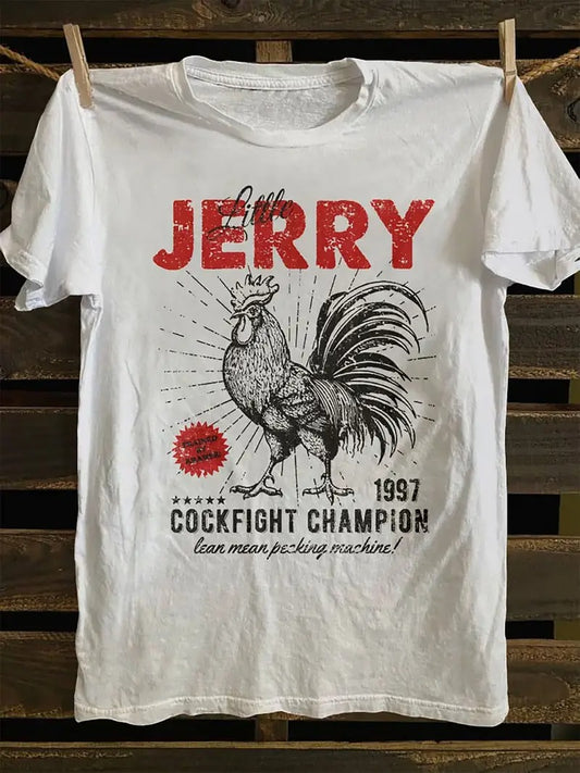 Retro ‘Little Jerry’ Rooster Tee: 1997 Cockfight Champion Vibe