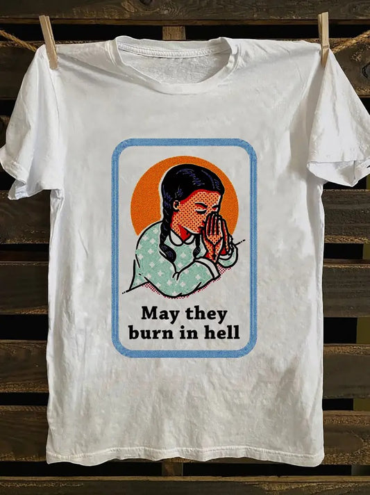 Retro Punk Style Easter Pattern T-shirt - Funny Jesus Angel and "May They Burn in Hell" Design